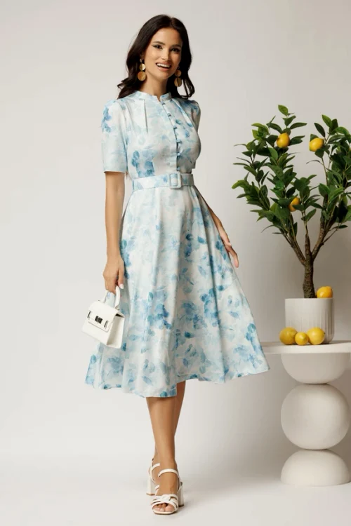 Rochie midi bleu în cloș cu imprimeu floral, DY Fashion