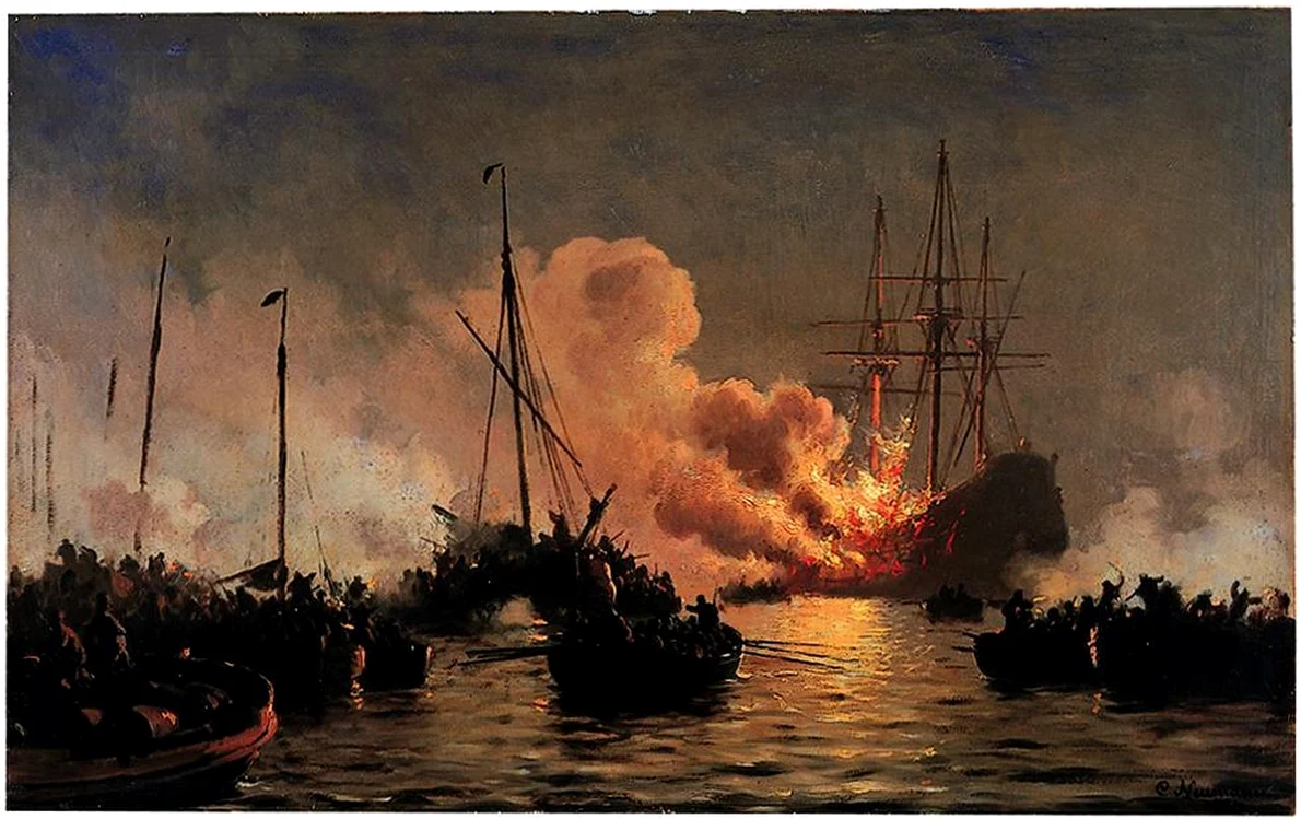 Nava daneză Dannebrogen, în flăcări în timpul bătăliei navale din Golful Køge. Pictură de Carl Neumann (© Wikimedia Commons)