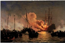 Nava daneză Dannebrogen, în flăcări în timpul bătăliei navale din Golful Køge. Pictură de Carl Neumann (© Wikimedia Commons)