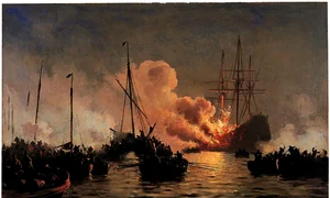 Nava daneză Dannebrogen, în flăcări în timpul bătăliei navale din Golful Køge. Pictură de Carl Neumann (© Wikimedia Commons)