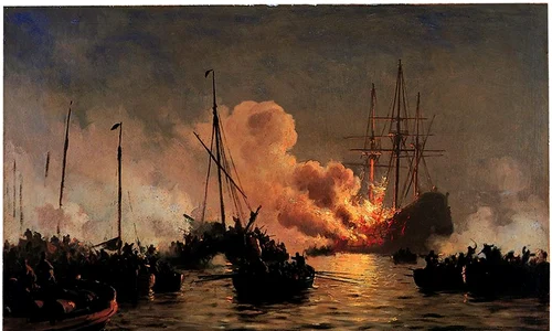 Nava daneză Dannebrogen, în flăcări în timpul bătăliei navale din Golful Køge. Pictură de Carl Neumann (© Wikimedia Commons)