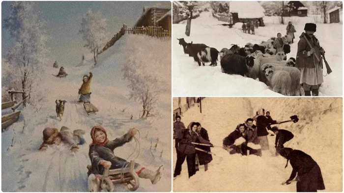 Iernile din trecut: Sursa foto colaj: ilustrată pentru copii, Muzeul Transilvaniei, Scînteia