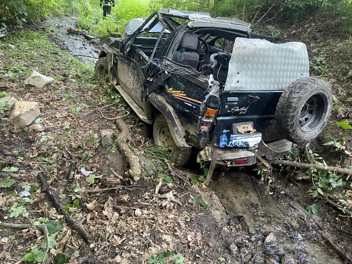 Autoturismul a căzut într-o râpă. FOTO ISU Argeș