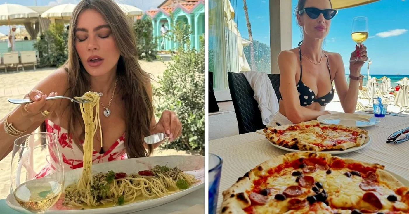 Colaj cu Sofie Vergara mâncând paste și Alessandra Ambrosio la masă, cu pizza în față