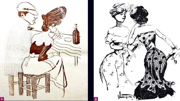 Moravurile epocii, în revista „Furnica”, la începutul secolului XX.
1) 1905. Precauţiune. „El: Gust aş avea să facem o baie în mare. Ea: eu deloc. Nu vezi ce furioase sunt valurile? Dar dacă vrei să te scalzi... dă-mi să-ţi
păstrez eu portofelul”
2) 1905. „Unde te duci diseară? Nu ştiu. Merg şi eu”
