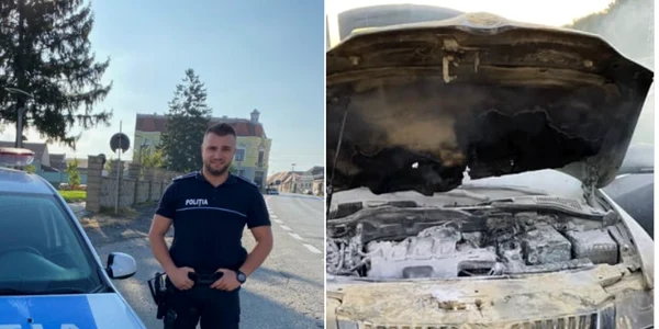 Nicu Eperieşi - şeful Postului de Poliţie Apoldu de Jos - Sibiu şi maşina incendiată pe A 1  Foto Facebook Poliţia Sibiu