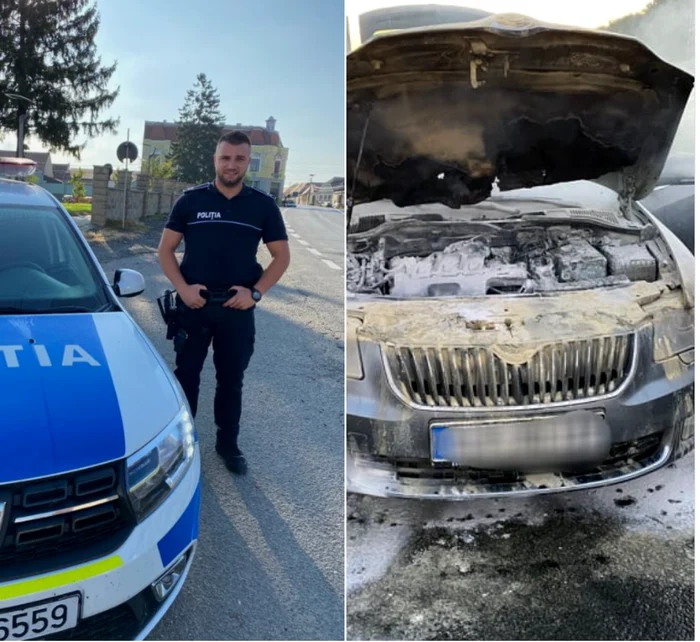Nicu Eperieşi - şeful Postului de Poliţie Apoldu de Jos - Sibiu şi maşina incendiată pe A 1 Foto Facebook Poliţia Sibiu