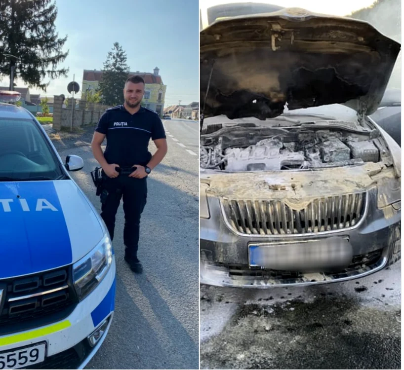Nicu Eperieşi - şeful Postului de Poliţie Apoldu de Jos - Sibiu şi maşina incendiată pe A 1  Foto Facebook Poliţia Sibiu