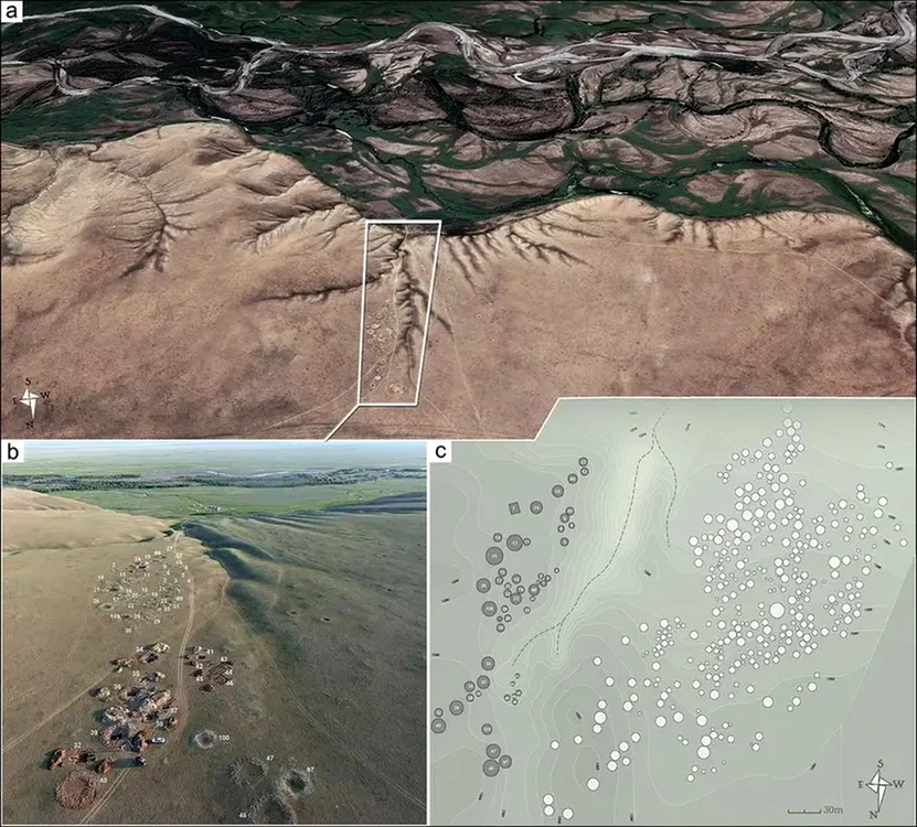 Imagini din satelit și aeriene ale necropolei Tamir (© B. Noost / Alcouffe et al., Antiquity (2026)