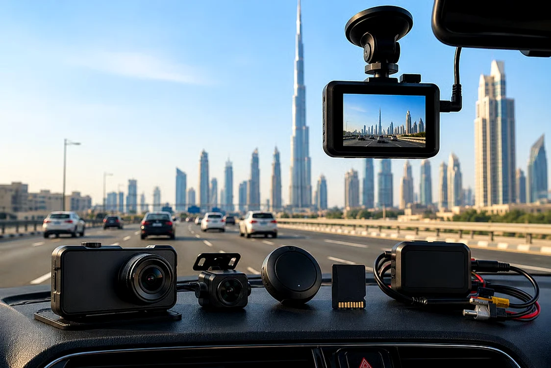 Camere auto de bord de diferite dimensiuni și configurații într-o mașină în trafic în Dubai