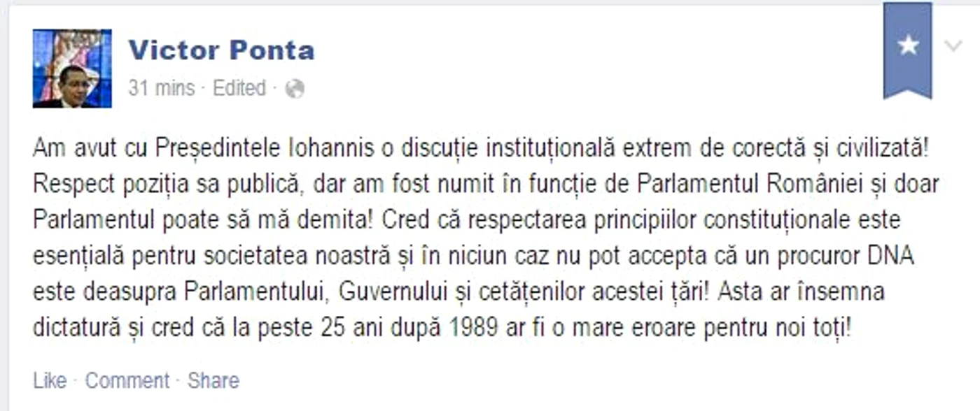 Mesajul publicat de Victor Ponta