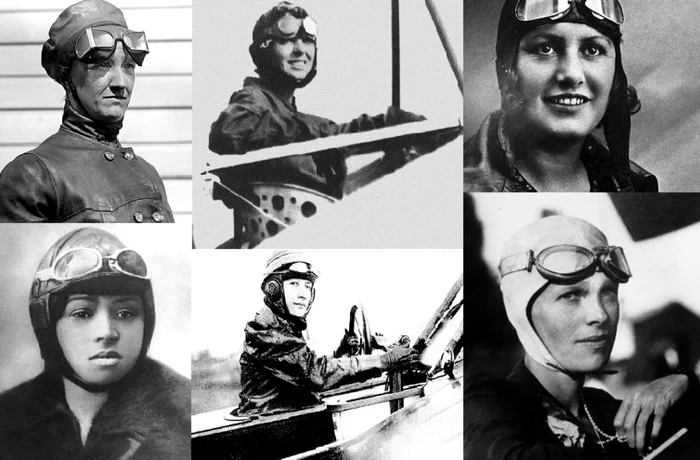 De la stânga la dreapta, sus: Bessica Raiche,Harriet Quimby, Elise Raymonde Deroche. De la stânga la dreapta, jos: Bessie Coleman, Marie Marvingt, Amelia Earhart