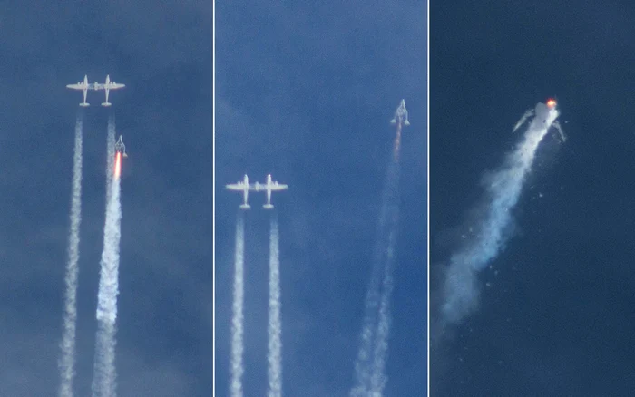 SpaceShipTwo după lansare, în timpul zborului independent şi în momentul dezintegrării