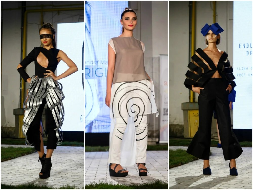 Ţinută Gina Cas, colecţie de dizertaţie „Star‟, costum Sandra Matache, colecţie de licenţă „Origini”, ţinută Alina Gurguţă. FOTO David Muntean, Daniel Ene, K Fashion