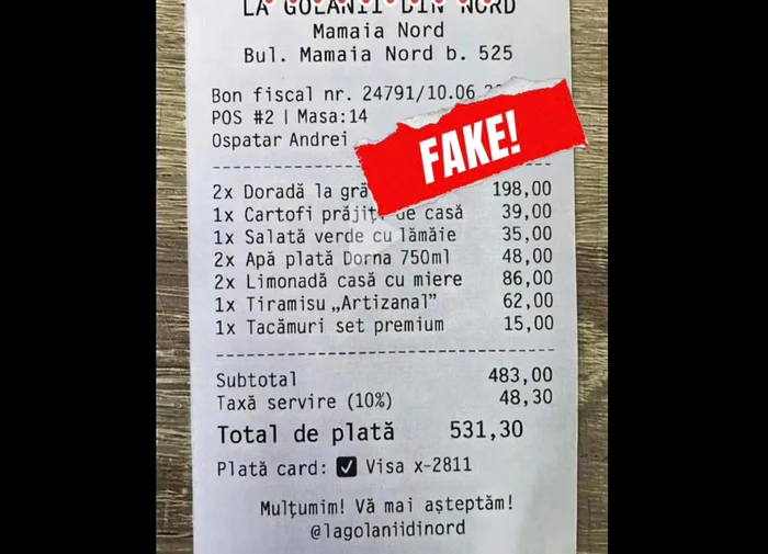 Bon fiscal fals Foto: Mamaia Nord Năvodari/Facebook