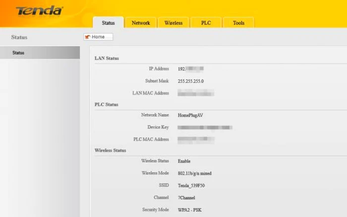 Tenda PW201A N300 Powerline AP capturi menu