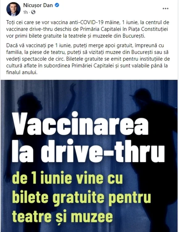 Primăria Capitalei oferă mici cadouri de 1 iunie celor care se imunizează mâine Sursa foto: Nicușor Dan Fcebook