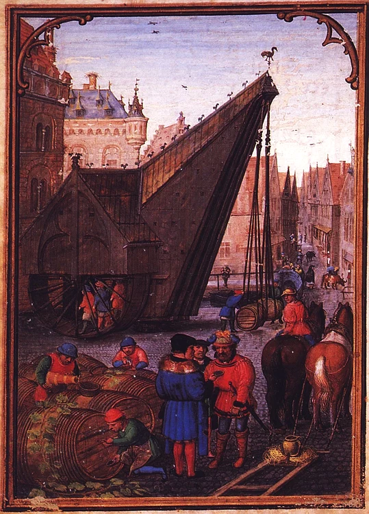 „Macara pentru vin” în portul Bruges. Pictură de Simon Bening, din 1525 (© Wikimedia Commons)