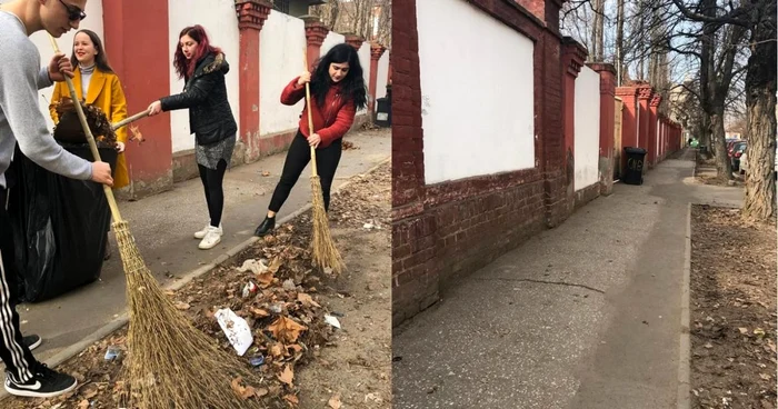 Elevii unei clase a XII-a şi-au petrecut pauza făcând curăţenie pe trotuarul din faţa şcolii FOTO Alina Adobroaie