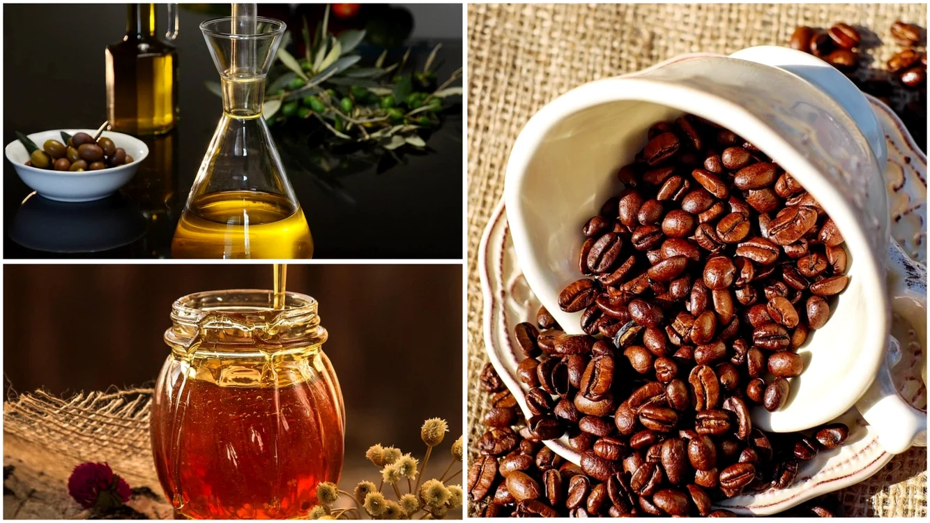 Miere, cafea și ulei de măsline. Foto: colaj Click! (Pixabay)