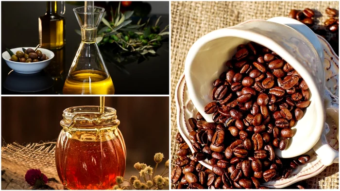 Miere, cafea și ulei de măsline. Foto: colaj Click! (Pixabay)