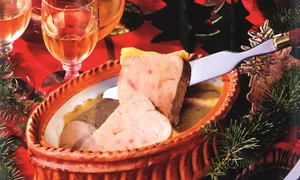 Terrine of foie gras and a glass of white wine, Christmas mood jpeg