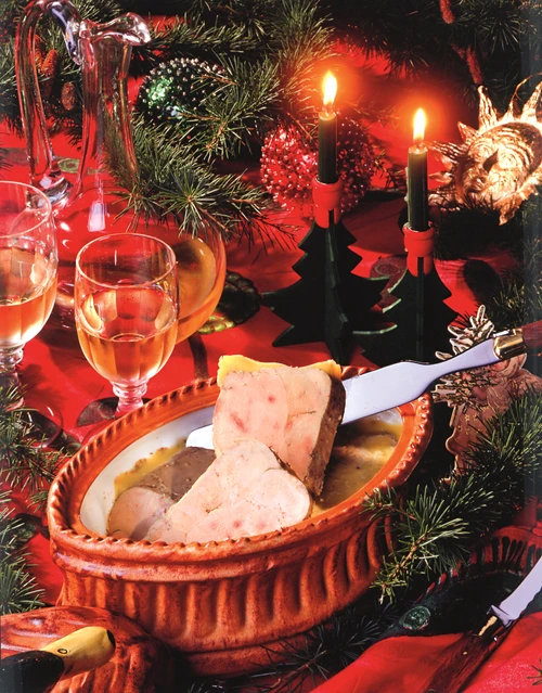 Terrine of foie gras and a glass of white wine, Christmas mood jpeg