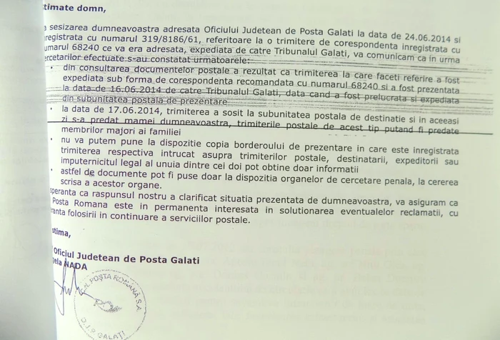 Adresa prin care Poşta confirmă citarea tardivă a petentului FOTO C Crângan