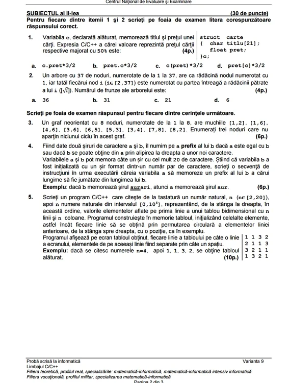 Bac 2015 subiecte Informatica limbajul c/c++/mate-info - prima sesiune