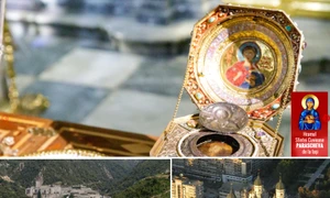 Moaștele Sfântului Pantelimon aduse de la Mănăstirea Sfântul Pavel de pe Muntele Athos la Catedrala Mitropolitană din Iași Colaj