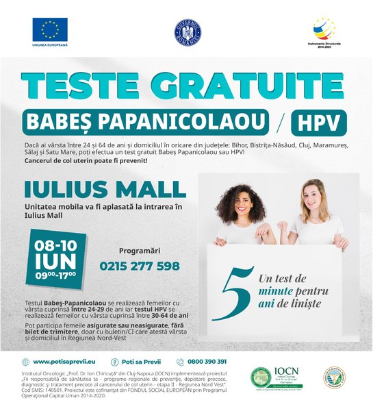 Testare gratuită Babeș-Papanicolaou și HPV la Iulius Mall Cluj. Un test de 5 minute pentru 5 ani de liniște