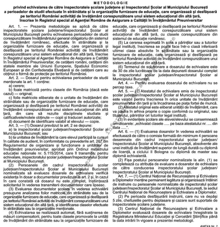 metodologie echivalare stdii preuniversitare strainatate