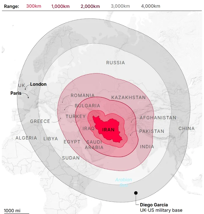 Raza de acțiune a Iranului FOTO: DailyMail