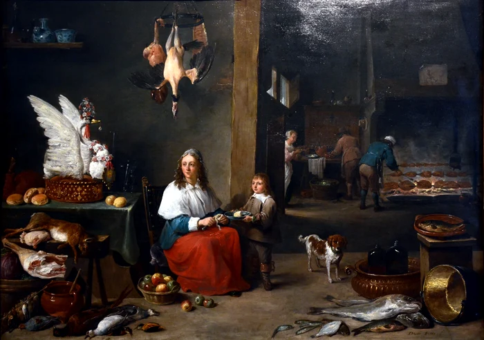 David Teniers cel Tânăr, Interior de bucătărie, 1644, Mauristhuis, Haga.