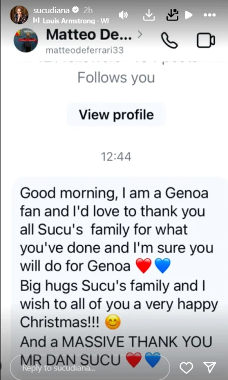 Mesajul pe care un fan al clubului Genoa i l-a trimis Dianei Șucu  Foto/Instgram