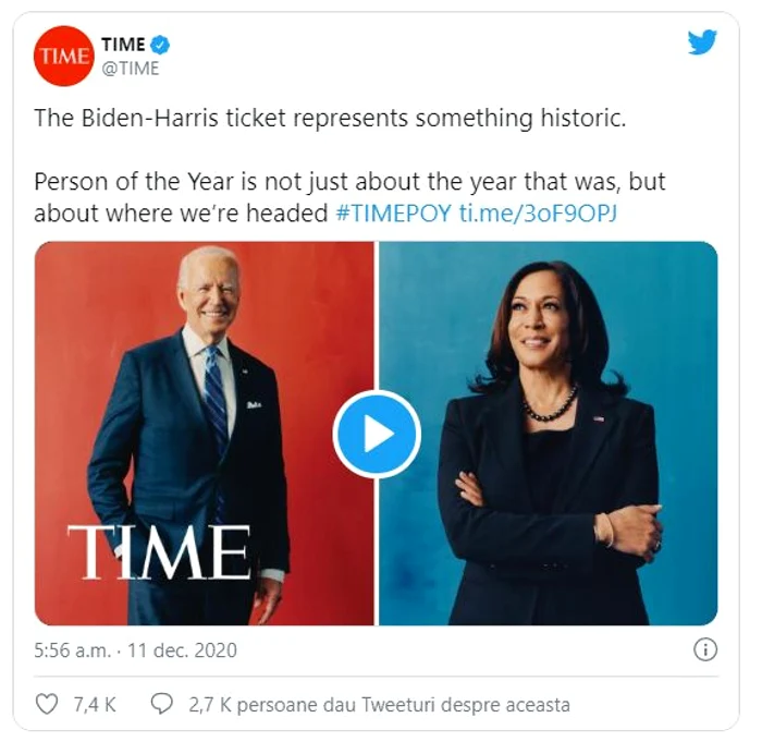 Revista Time a făcut anunțul și într-o postare pe Twitter