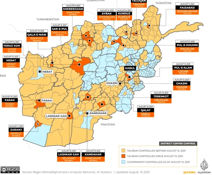 Harta capitalelor de provincie capturate de talibani FOTO captură Al Jazeera