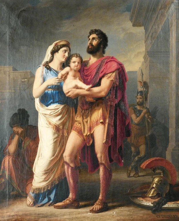 Hector își ia rămas-bun de la Andromaca și Astianax. Pictură de Karl Friedrich Deckler