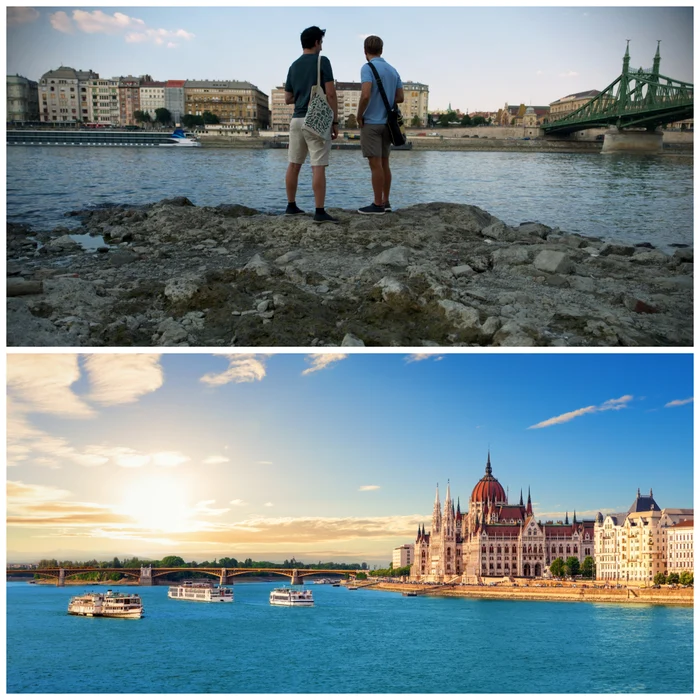 „Plaja” apărută pe malul Dunării, sub podul Margaret din Budapesta (Foto: Profimedia/Shutterstock)