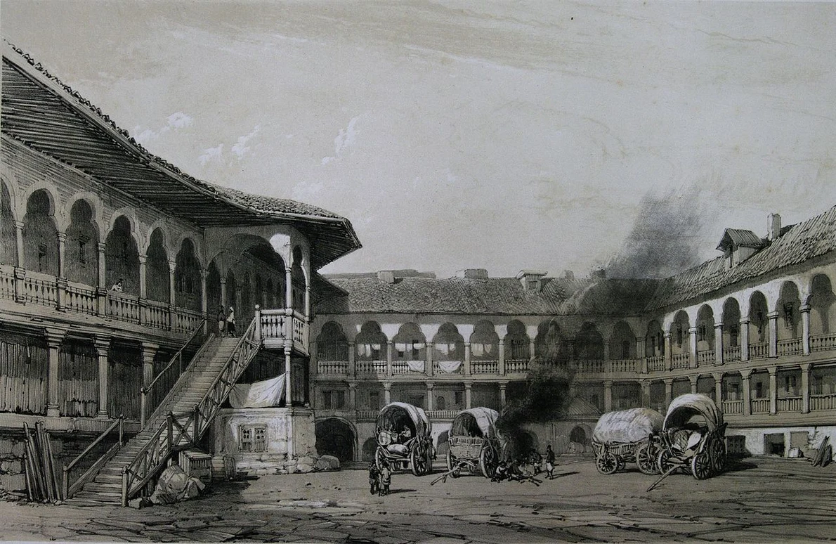 Hanul lui Manuc la 1841, litografie de Michel Bouquet (© Wikimedia Commons)