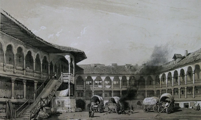 Hanul lui Manuc la 1841, litografie de Michel Bouquet (© Wikimedia Commons)