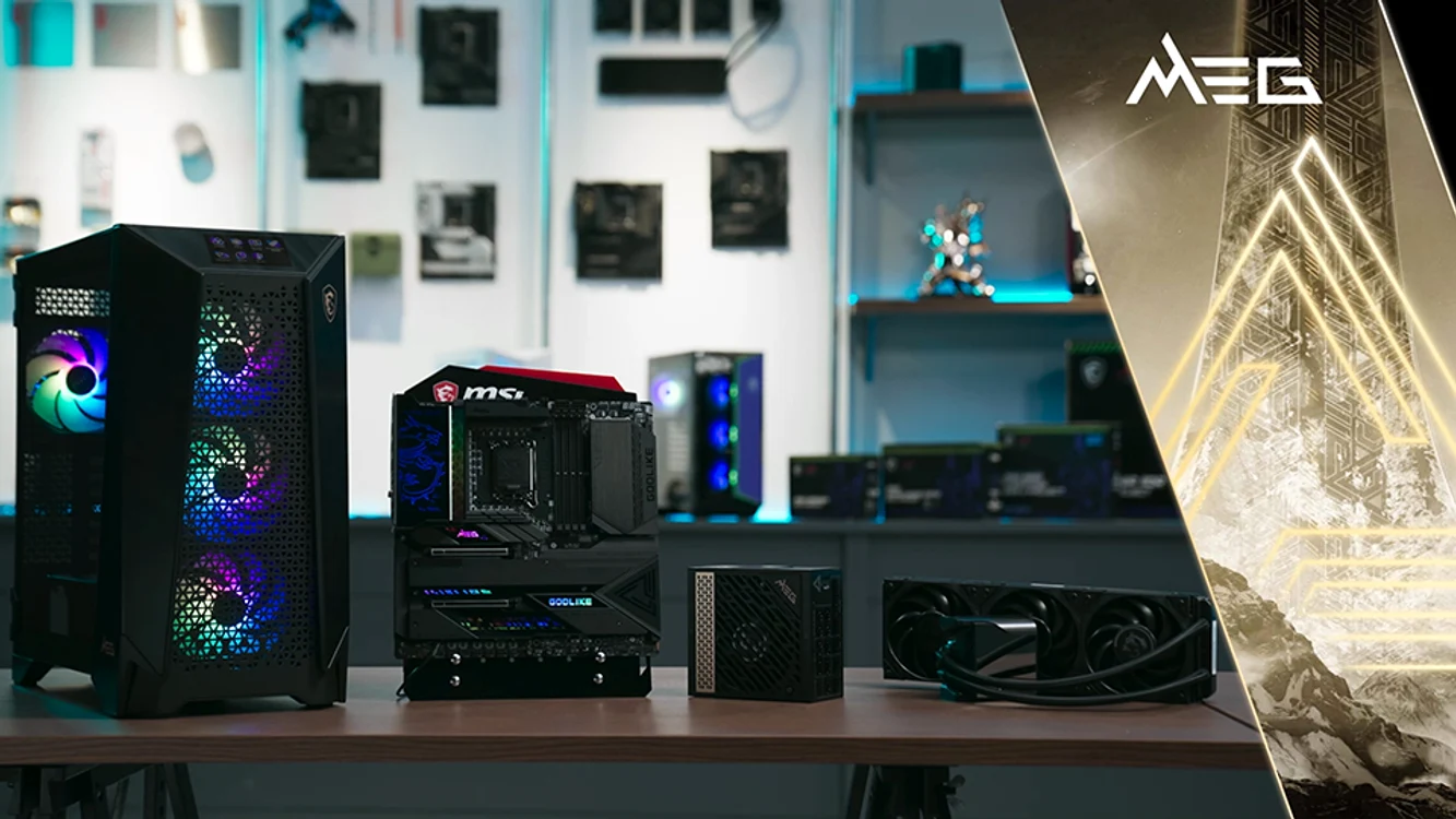 Sisteme desktop de gaming MSI MEG, plăci de bază, surse și plăci video.