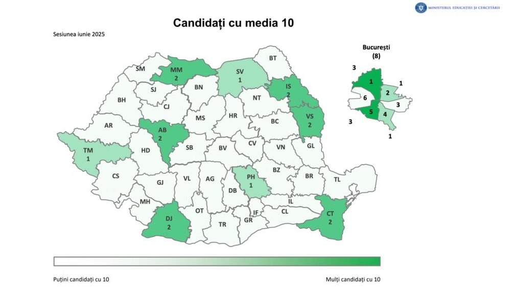 Harta mediilor de 10 la Bac 2025. Doar 24 de candidați au reușit să termine examenul cu media 10