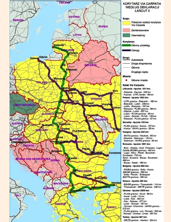 Traseul probabil al autostrăziiVia Carpatica (cu verde) publicat în 2019 FOTO forsal.r