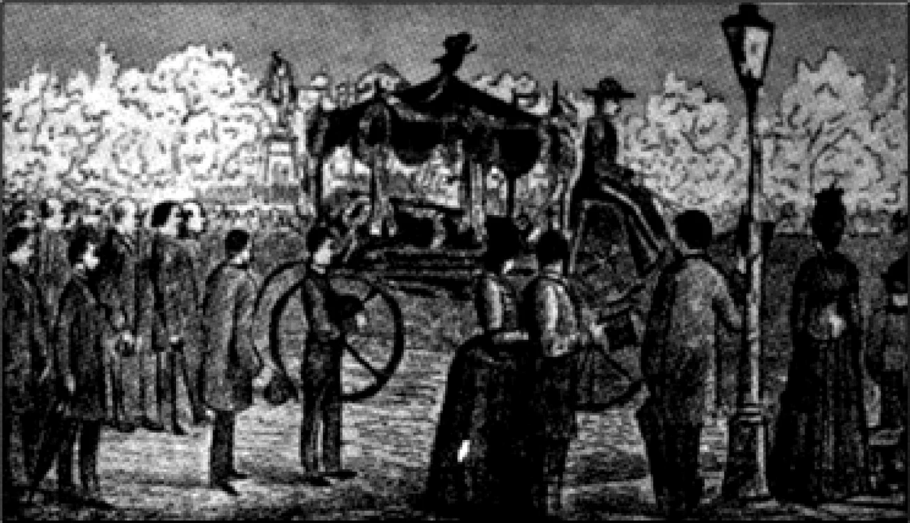 Constantin Jiquidi desenează carul mortuar şi cortegiul funebru, oprit în faţa Universităţii din Bucureşti, în dreptul statuii lui Eliade Rădulescu  FOTO: www.luceafarul.ro