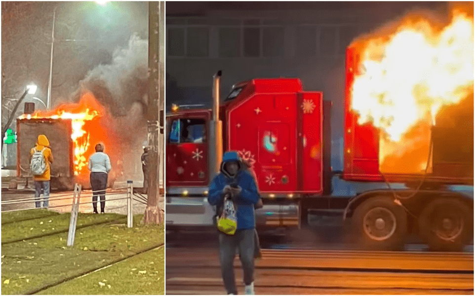 TIR-ul lui Moș Crăciun din campania Coca Cola a luat foc în mers, în București