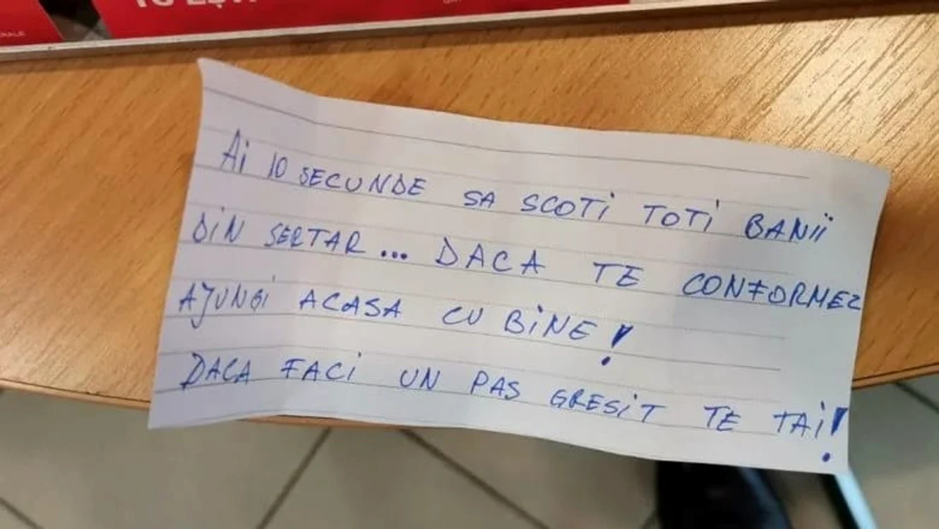 Acesta este biletul cu care a amenințat-o atacatorul pe casieriță