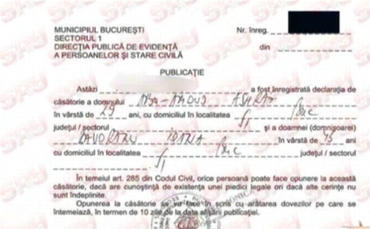 Aceasta este cererea pe care cei doi au depus-o pentru a se cununa civil