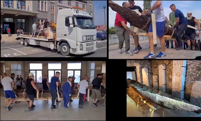 Monoxila medievală descoperită la Ostrov, expusă în incinta Gării Maritime din Constanța