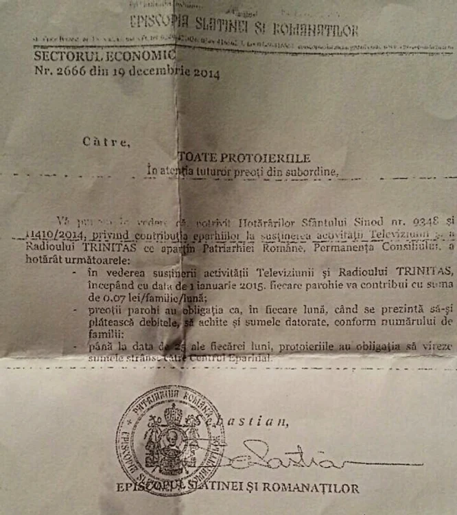 Documentul este o circulară a Episcopiei Slatinei și Romanaților către toate protoeriile din subordine (foto: striblea.ro)